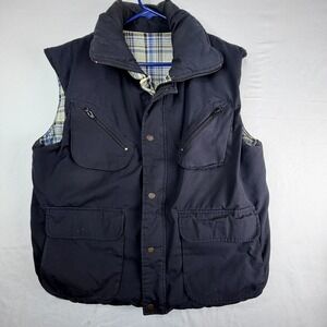 Vintage Navy Canvas Puffer Vest Plaid Flannel Lined Multi-Pocket Utility Mens L